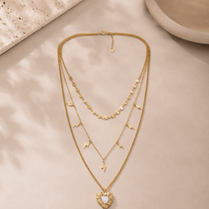 Thunder Heart Triple Layer Necklace – Επιχρυσωμένο Τριπλό Κολιέ με Καρδιά & Αστραπές