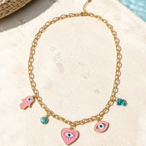 Aura Charm Necklace  Επιχρυσωμένο Κολιέ με Charms & Μάτι